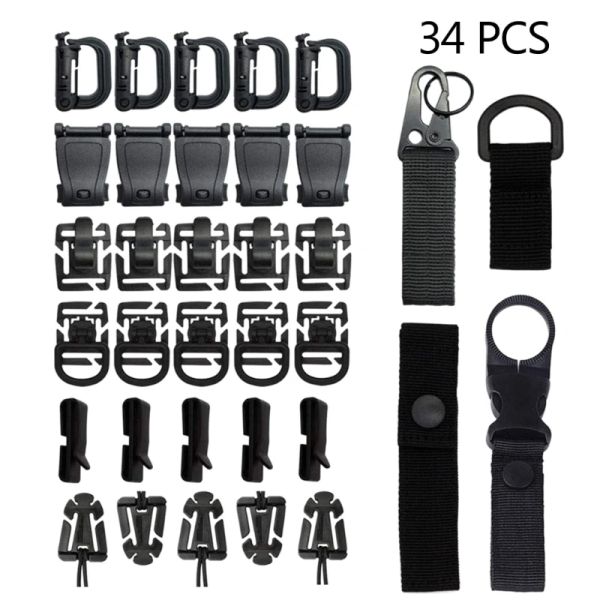 Sacos 19/34pcs acessórios molle kit anexos dring grimloc traving engrenagem clipe de tenda tira tática de mochila tática elástica string de elástico