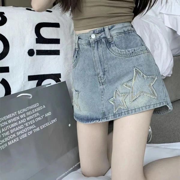 Röcke 2024 sexy kurze Mini Frauen Star Micro High -Taille -Rock Kawaii Koreanische Mode Frauen Sommer Jean Wrap Y2K Mädchen