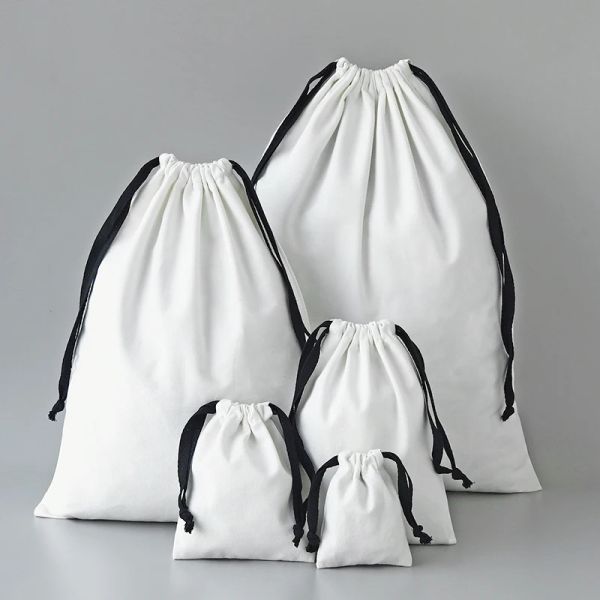 Taschen 1 PCs Weihnachtsgeschenk -Leinwand Baumwolltaschen mit schwarzer Kordelstring Hochwertiger Schmuck weiße Paketbeutel Haus Speicher Staubbeutel