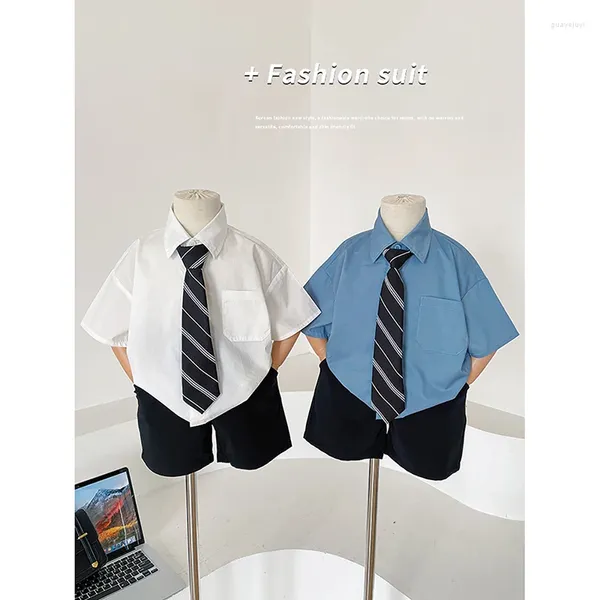 Giyim setleri yaz moda yaka tek göğüslü gevşek gömlek sıradan katı 2024 çocuk Kore tiki takım elbise serin erkekler ince bluz