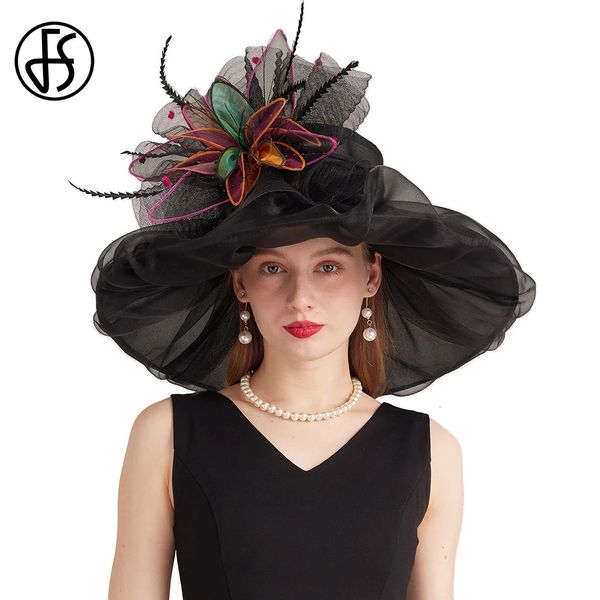FS BRIM BRIM Organza Cap chapéus para mulheres com feda de fábrica de malha de florar vestido de noiva Fedora 240401