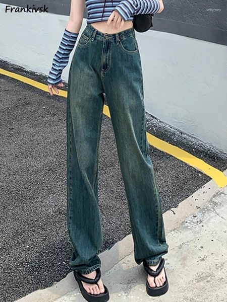 Jeans gamba larga da donna stile europeo stile retrò caviglia sciolta harajuku quotidiano vintage lavata semplice a vita alta