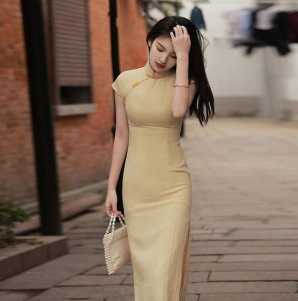 Ethnische Kleidung Retro Qipao Chinese Kleid moderne elegante Frauen traditionelle Cheongsams Verbesserte gelbe Orientale Sommer Vintage VES7086431