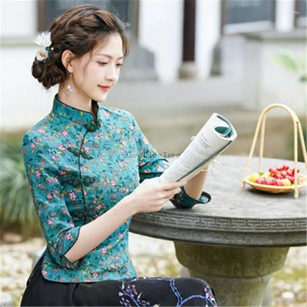 Roupas étnicas 2024 Chinês Impressão de flores Top Hanfu Camisa feminina Oriental