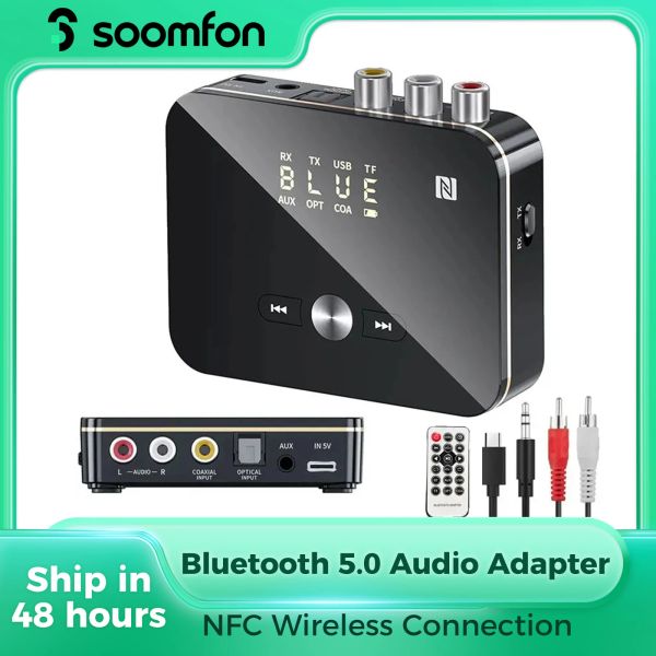 Adaptador Soomfon NFC Bluetooth 5.0 Receptor de transmissor Adaptador de áudio sem fio para TV PC com 3,5 mm RCA Optical Coaxial TF/U Play