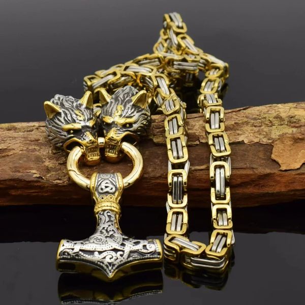 Colares vintage viking aço inoxidável em aço trançado Celtic Hammer pendente de lobo colar de cabeça nórdica Men rock Party Biker Amulet Jóias