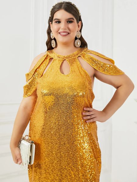 Plus Größe elegantes Partykleid 2024 Große Goldene Pailletteninnen weibliche Kleidung unregelmäßige Ärmel sexy schlanke Maxi Frauenkleid 240410