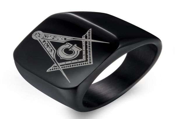 Clusterringe Hip Hop Masonic Titanium Ring Männer Mason Square Flat Alliance Jubiläum Ehering für männliche schwarze Gold Colour1564823