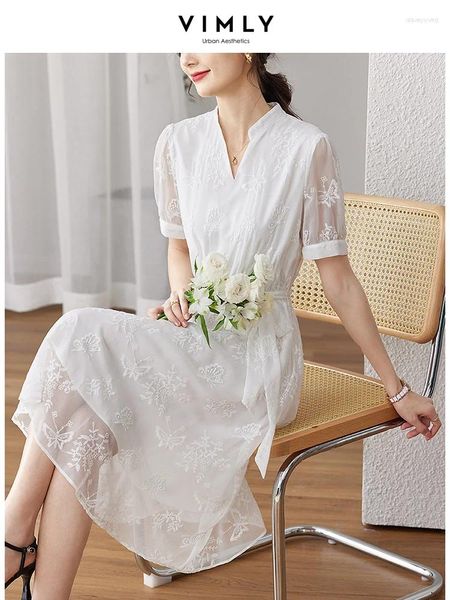 Abiti da festa Vimly French Summer White Dress for Women 2024 Elegant Chic ricamo a v sul collo maniche corte in giro in giro