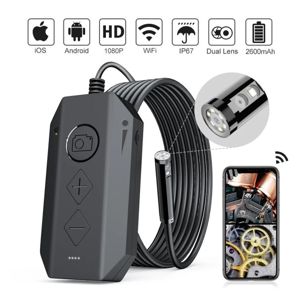 Câmera de endoscópio sem fio de câmeras 1080p HD Câmera de cobra semirigida de lente dupla única com LED ajustável para iPhone Android Tablet Segment