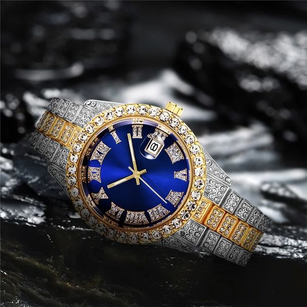 Moissanite Watch Diamond Watch Out Mens Luxus Hip Hop Water Proof Edelstahl Rounduhr Quarz Armbanduhren Mode klassische trendige elegante Uhr