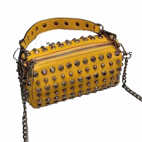 Senhoras fi punk bling bling rivet mini bolsa de ombro macio de couro genuíno de vaca artesanal handm studs bolsa crossbody bag v6wu#