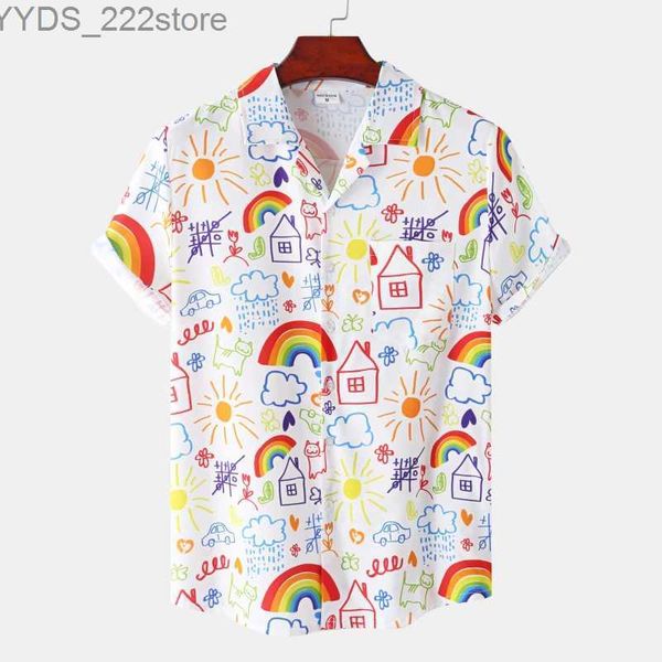 Herren lässige Hemden Sommer Rainbow Herren Vocal Flip Kragen Camissa Großes Haian -Shirt 3D -Druck Mode Herren Beach Kurzarm Shirt Jungen YQ240422