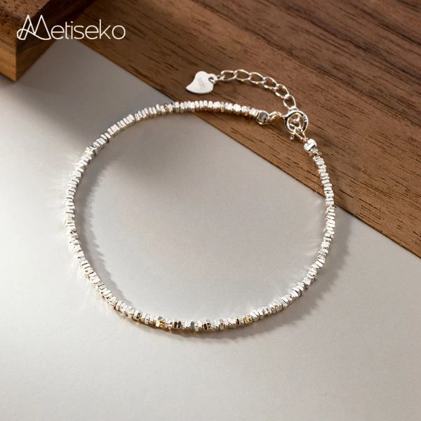 Stränge Metiseko 925 Sterling Silber Silver Fragmente Unregelmäßige Würfel Perlen Kettenarmband Einfaches geometrisches Grundarmband für Frauen
