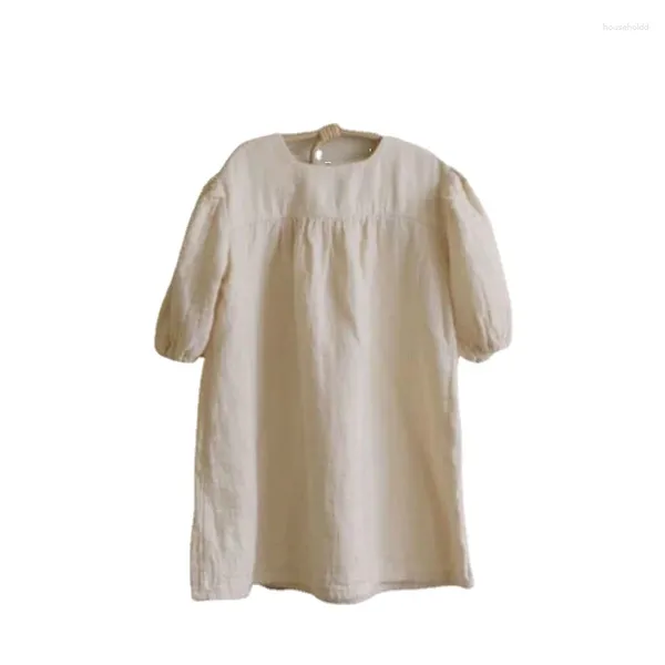 Abiti da ragazza vestito da 12 m a 6y per bambine 2024 abiti primaverili per bambini in lino comodo casual bottoni maniche lanterna beige infantile #5795