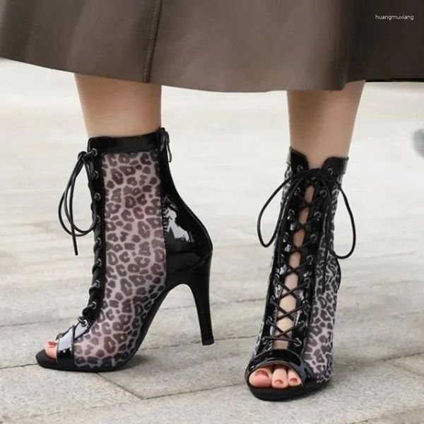 Tanzschuhe 2024 Leopardenmuster Mesh Back Reißverschluss coole Stiefel Tanz High Heels Open Toe Stiletto Jazz