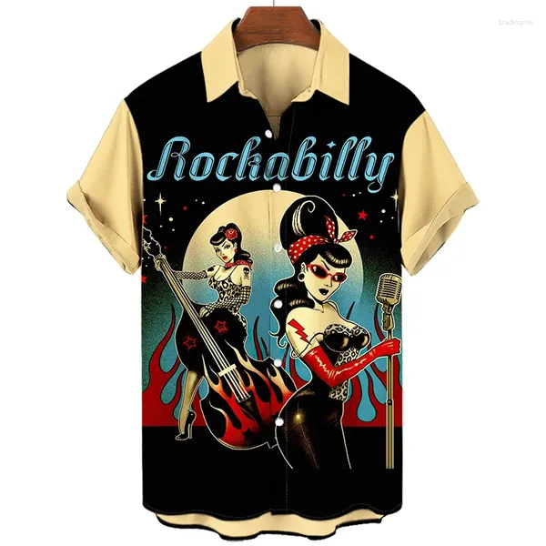 Camisas casuais masculinas Rocker Rockabilly Graphic for Men Roused 3D PRIMEIRA PRAIA HAWAIIAN LAVA CURTA Tops Vintage Roupe