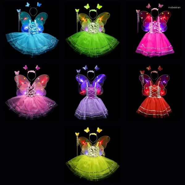 Set di abbigliamento da 4 pezzi per bambini ragazze cosplay costume set abito senza maniche metallizzato guidato per la bacchetta ad ala di farfalla e fantasia