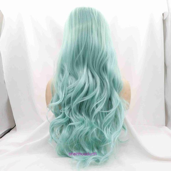 HD onda corporal Destaque Lace Fronteiro Human Human Wigs para mulheres Mint Blue Wavy Hair Curly Hand Terbro de renda dianteira Sinética Set Wig Set com franja inclinada