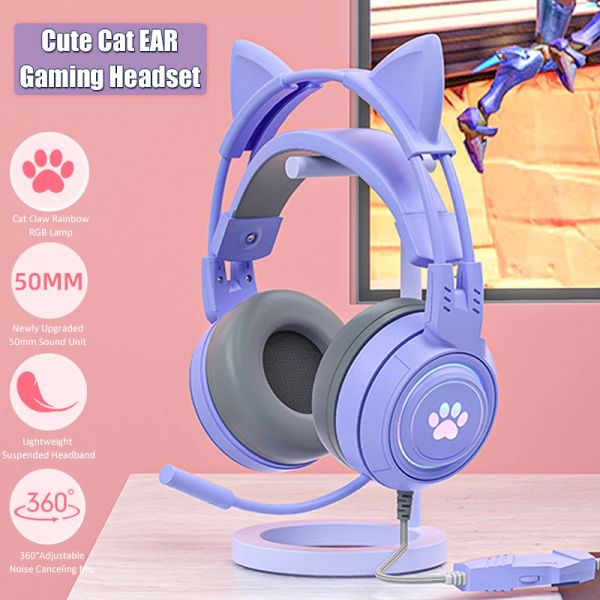 Vestidos fofos fones de ouvido de gatos com ruído de microfone reduzido RGB Pink Girls Headset Acessórios para jogadores para ps4 xbox telefone pc presente