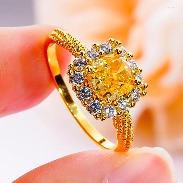 Clusterringe Luxus natürlicher Topaz Ring für Frauen gelb hoher Carbon Diamant Edelstein 925 Sterlingsilber mit 18 Karat Gold plattiert feinen Schmuck