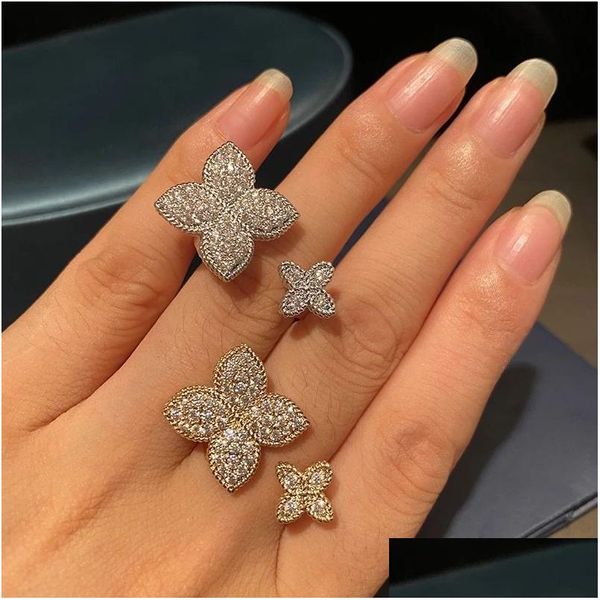 Anéis fofos de flor de ouro sier cor ajustável com bling ziron pedra para mulheres engajamento moda 925 jóias esterlinas entrega de queda r dhtsm