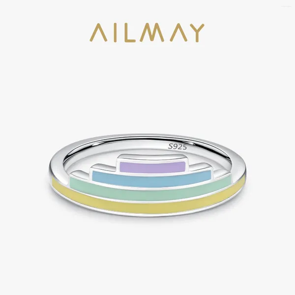 Clusterringe Ailmay 925 Sterling Silber einzigartiger Mode Regenbogen Farbe Emaille Geometrischer Fingerring für Frauen Hochzeit Bankett Fein Schmuck