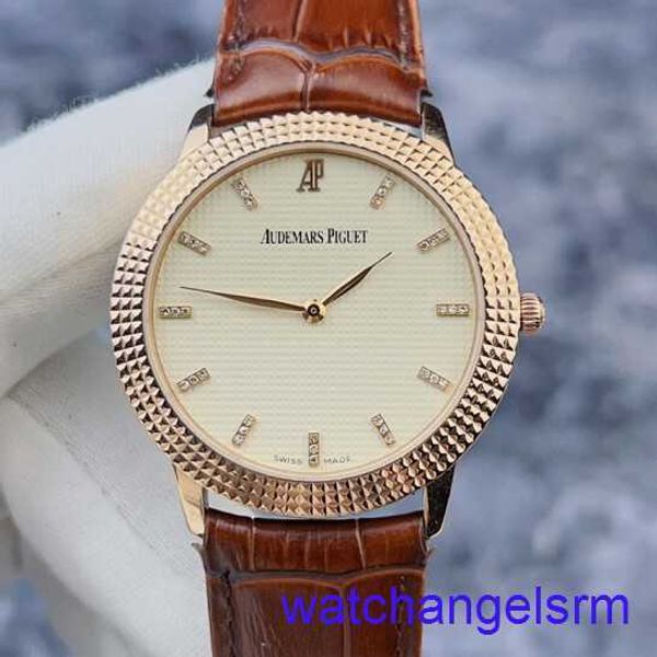 AP Wrist Watch Cronograph Classic Series 15163 ou Dial xadrez branco com material de ouro rosa de 18k simples e grande garantia mecânica manual de duas agulha