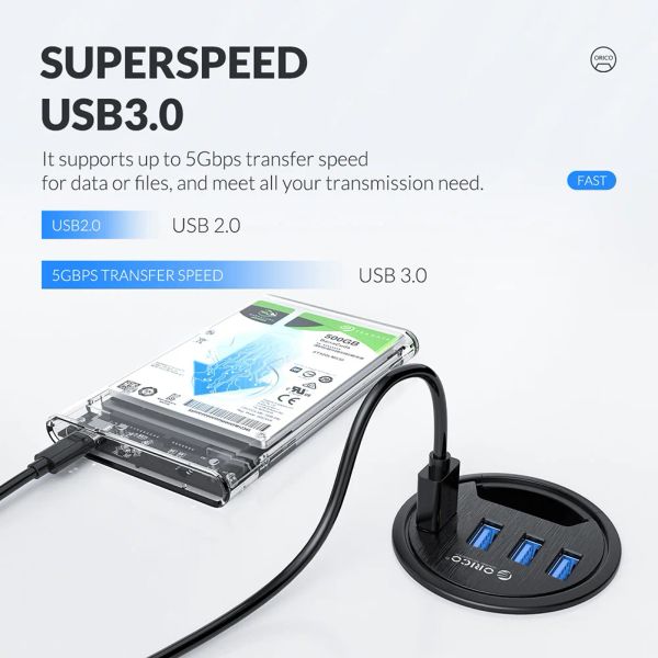 HUBS ORICO Desktop Gromet USB 3.0 Hub Typec Desk Audio Adattatore Adattatore Dongle Splitter Adattatore di montaggio del tavolo da alimentazione per PC Telefono