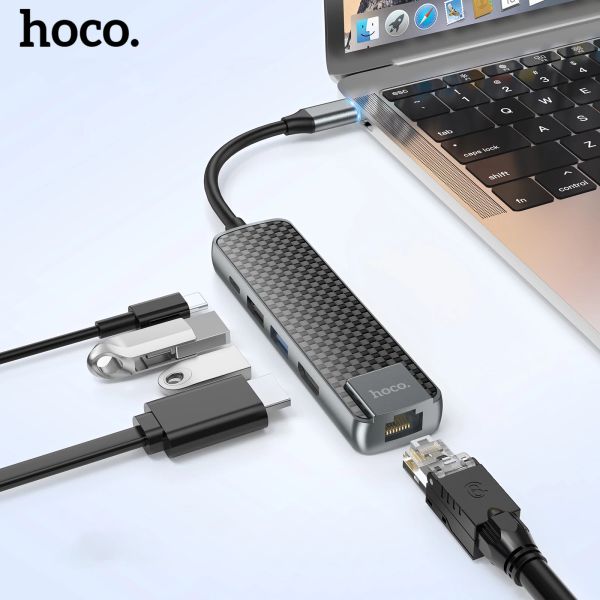 Hubs HOCO USB C Tipo C Tipo C a Hdmicompatível USB 3.0 Adaptador OTG 4K 30Hz RJ45 PD60W USB C Dock para MacBook Air Pro 2020 Data Tansfer