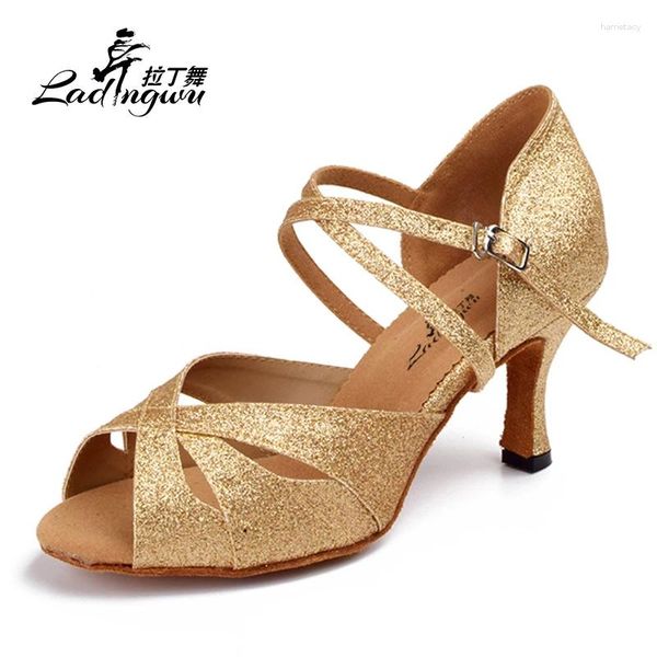Sapatos de dança ladingwu flash feminino e salão de baile de ouro salsa salsa de salsa latina 6cm/7,5cm/8,5cm/10cm