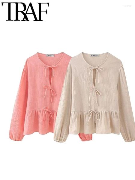 Blusas femininas textura tecidos mulheres doces blusa rosa 2024 Summer Buff manga laço amarrado Hollow Out Shirt Crop Feminino Top Y2K
