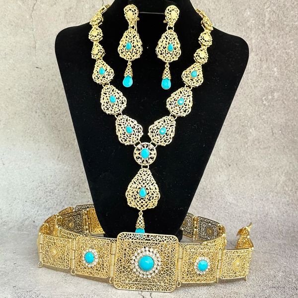 Halsketten arabische Kaftanschmuck Set für Frauen Gold Farbe Hollow Design Luxus Hochzeitskleidergürtel Halskette Ohrringe Set Braut Kristallschmuck