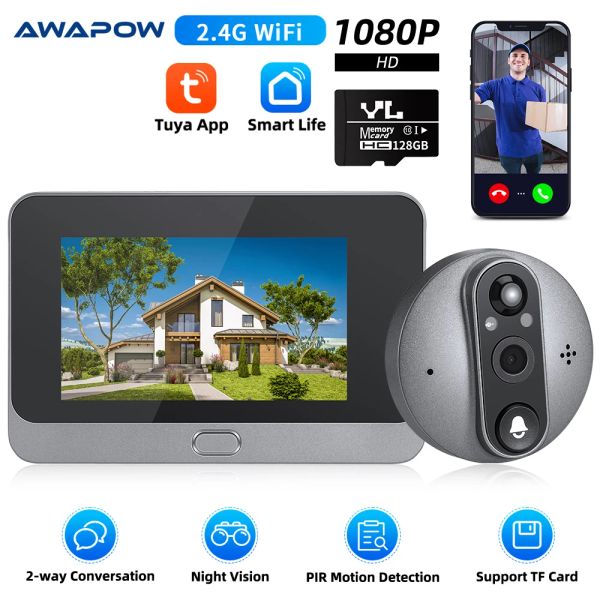 Controle Awapow Smart Home Tuya Pegehole Porta Vista Câmera 4.3 polegadas 1080p Video Doorbell Night Pir Motion Detecção Digital Door Peepholes