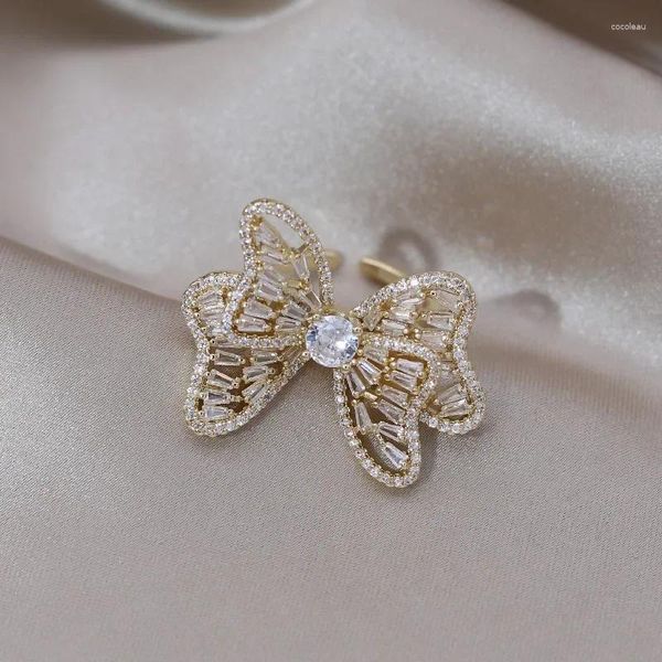 Ringos de cluster 2024 Coreia Design Jóias de moda 14K Gold Double Butterfly Zircon Anel Open Ring Luxury Feminino Acessórios