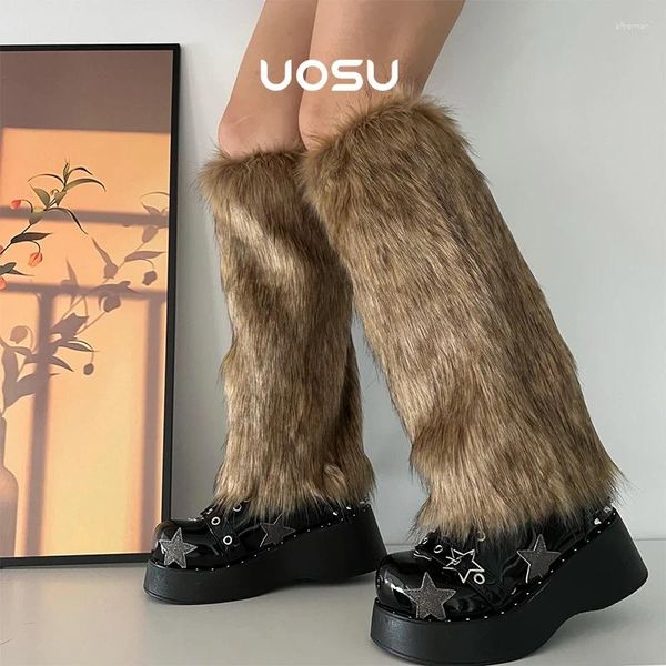 Frauen Socken flauschiger Kunstfell Furry sexy Harajuku Mode Plur Rave Clubwear Oberschenkel Hochbeine wärmere Bootcover Slouch Slouch