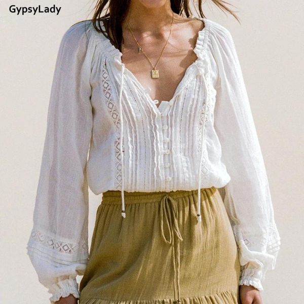 Camicette da donna gypsylady bianca chic camicetta vintage camicia cotone primaverile lunghe maniche lanterna a v-scollo a vento sexy da donna sexy