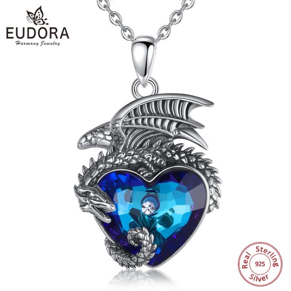 Pendenti eudora reale 925 sterling argento drago collo di lusso cuore personalità cristallina austriaca drago a sospensione gioielli per uomo