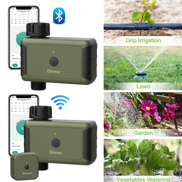 Controle Diivoo Wi -Fi/Bluetooth Water Timer, Timer de irrigação de aspersão inteligente de jardim ao ar livre com rega manual de atraso de chuva