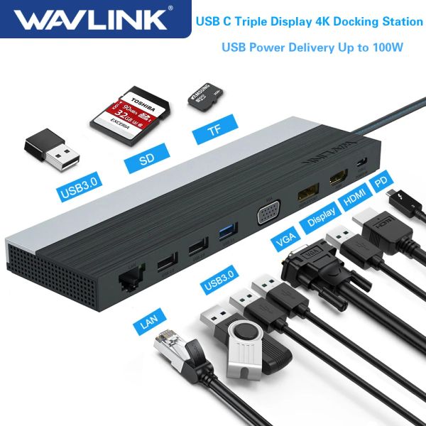 Stationen Wavlink USB C Triple Display Docking Station 4K USB -Stromversorgung bis zu 100 W USB3.0 DP/HDMICOMPATIBLE/VGA für Windows/Mac OS