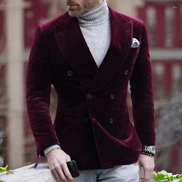 Ternos masculinos de alta qualidade Borgonha Velvet Men Jackets Masculino Vestido inteligente Blazer Slim Fit Duple Breastted One Coat XS-5xl