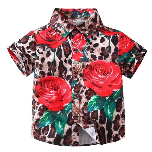 T-Shirts Jungen Shirt Sommer Jungen Kurzarm Shirt Leoparden Rosenabdruck Kleinkindhemden atmungsaktiv