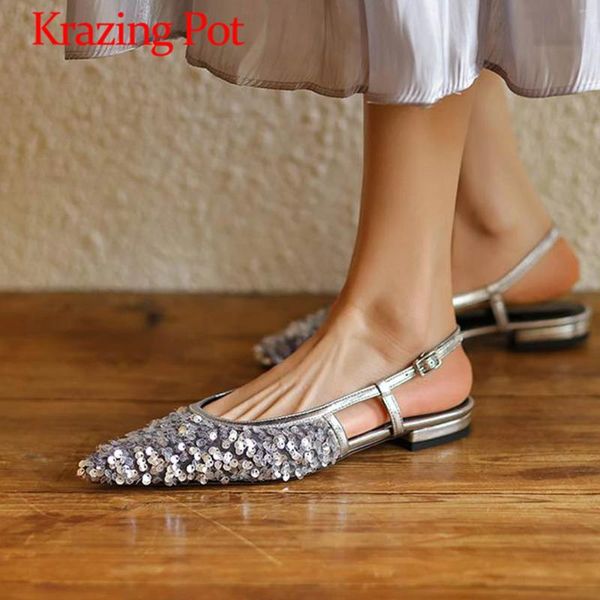 Повседневная обувь Krazing Pot натуральная кожа заостренные пальцы на низких каблуках скользит на ткани Slingback Sequin Shiny Blin