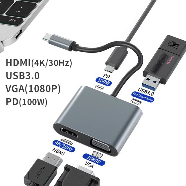 Станции ноутбук USB C Docking Station 4 в 1 HDMICAMATIBLE 4K 30 Гц Выход VGA 1080P PD100W USB3.0 USB HUB для MacBook PC Планшет Планшет