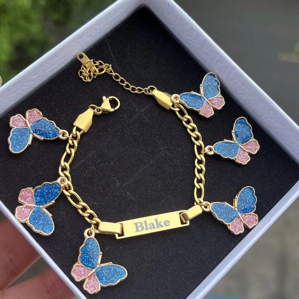 Strands Duoying Butterfly Nome Bracelet Letras personalizadas Charms personalizados Correntes da placa de identificação Aço inoxidável para crianças