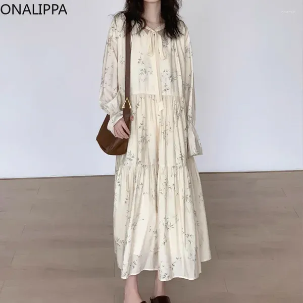 Abiti casual ONALIPPA MULTIFLES MIDI Abito midi floreale maniche lunghe sciolte allacciata su una torta coreana ch chic v collo chiffon vestidos donne