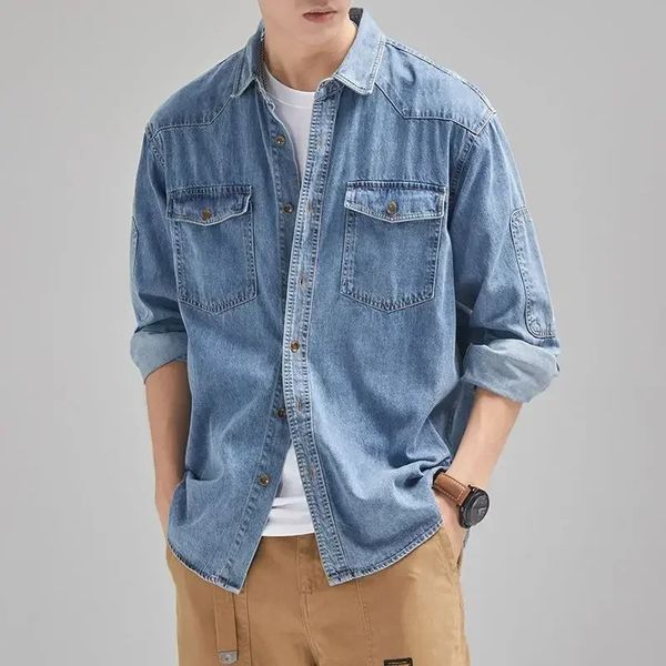 Denim Jacken Man Herbsthemd Jeans Mantel für Männer blau blau niedrig gekostet y2k trendy Cowboy Kleidung ein Stück Fashion Casual 240420