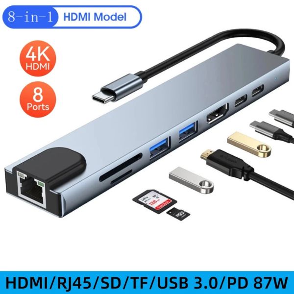 Hubs USB Hub USB C Hub USB 3 0 Splitter Tipo C Hub 3.0 Tipo de alta velocidade C para HDMI RJ45 PD 87W Adaptador com sd tf otg HAB para iPad Pro