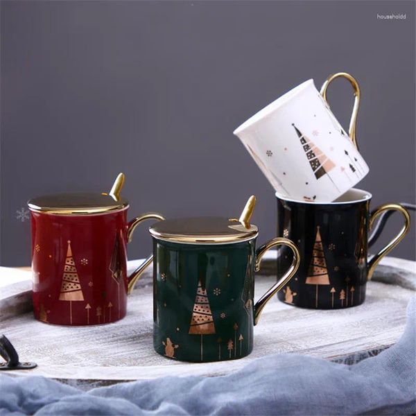 Tassen Nordic Ceramic Light Luxus Weihnachts -Kaffeetasse mit Deckel und Löffel kreativer Tee Tasse Porzellan Frühstück Milk Weihnachtsgeschenk