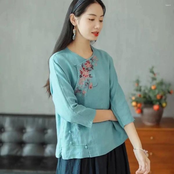 Женские куртки китайский стиль блузки винтажные льня